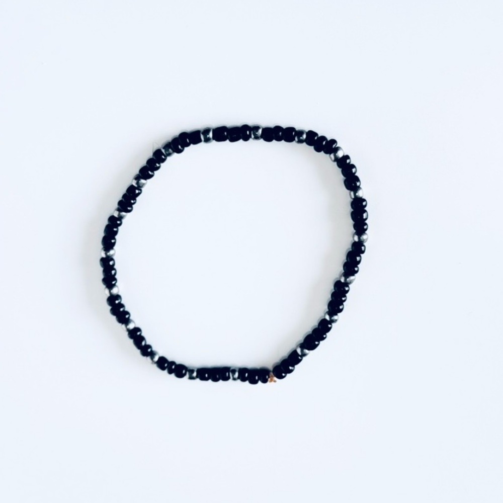 BOHO Black & Silver Beaded Bracelet or Anklet UNISEX Jewelry Handmade Vintage